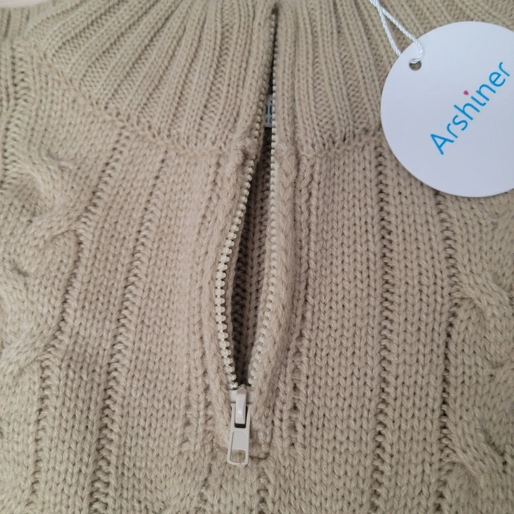 Arshiner Quarter Zip Sweater‎ Kids Size 140 Tan Cable Knit Mock Neck Pullover